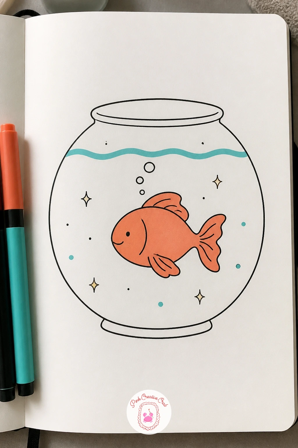 Goldfish In A Round Bowl — Start with the bowl, not the fish: draw a simple circle with a slightly flattened bottom, then add a smaller curved line inside near