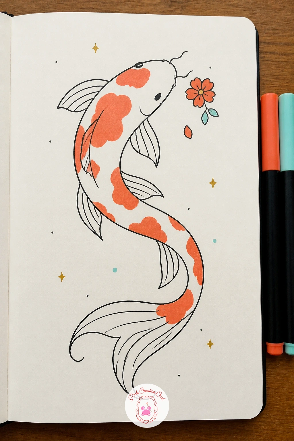 Koi With A Flower — Carry the same calm mood into a koi fish resting near a single flower. Fish doodles