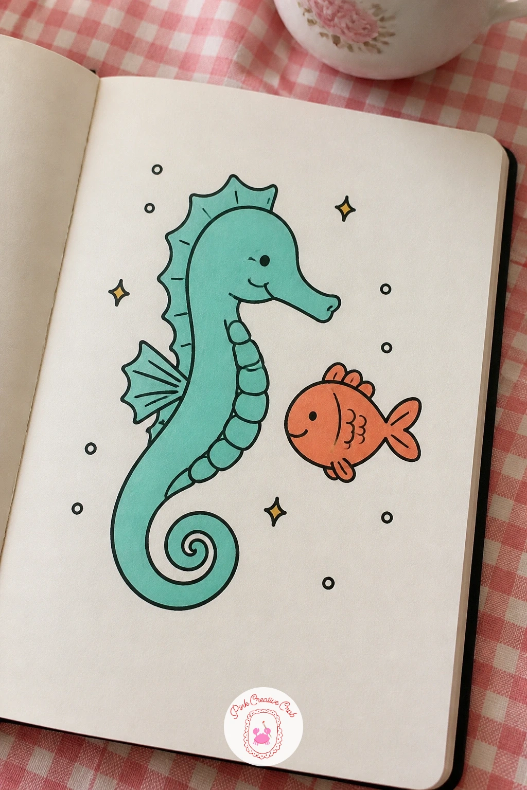 Seahorse Friend With A Fish — Introduce a new shape into the mix by pairing a fish with a seahorse. Fish doodles