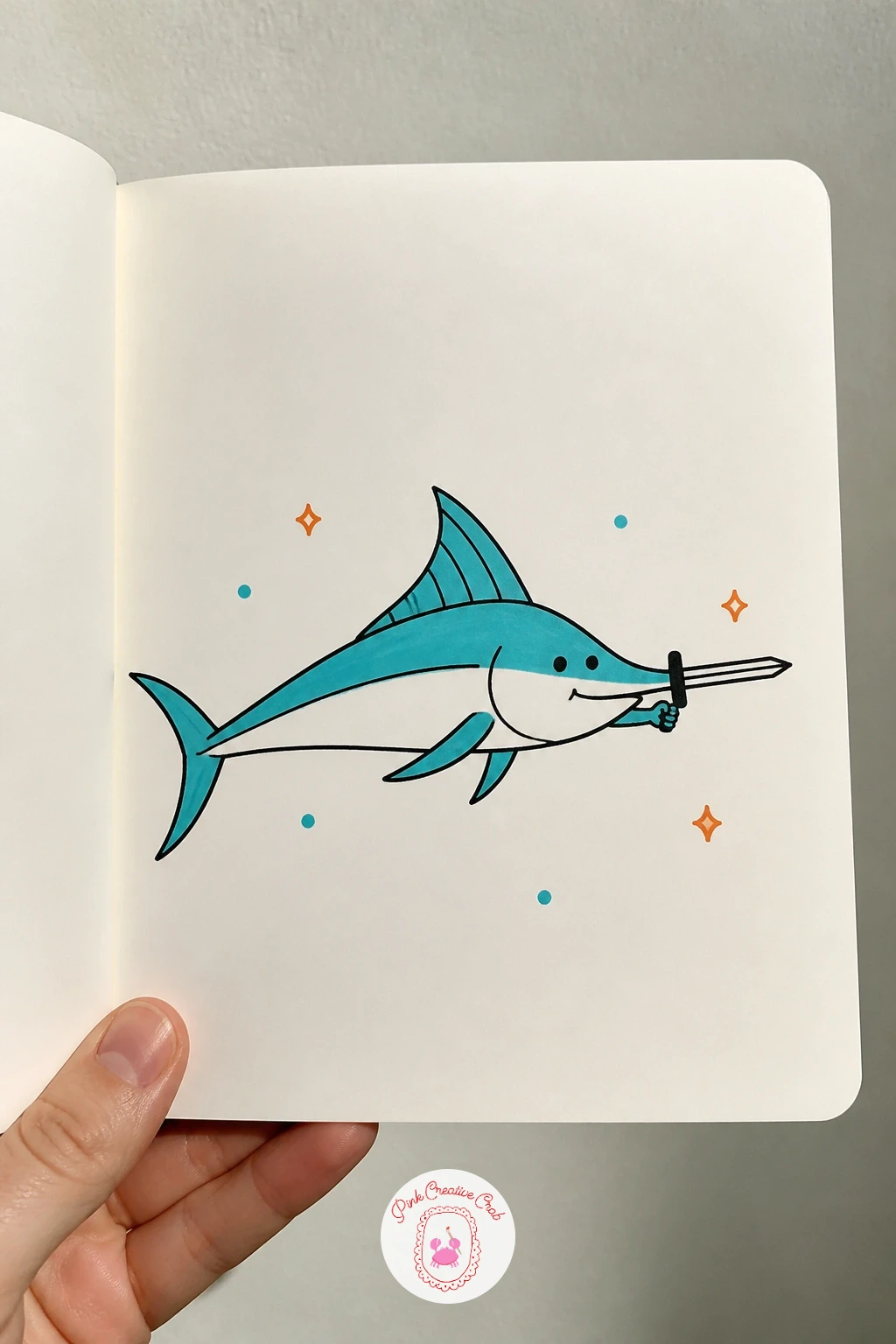 Swordfish With A Tiny Sword — Have some fun with a pun by drawing a swordfish with an actual miniature sword instead of its natural bill. Fish doodles