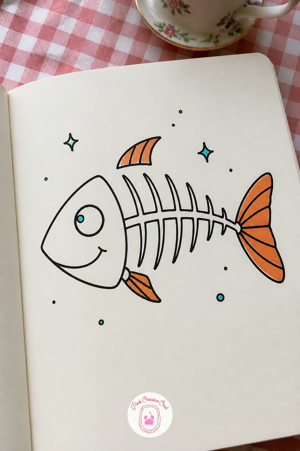Fish Skeleton With A Smile — Go a little spookier, in a friendly way, with a grinning fish skeleton. Fish doodles