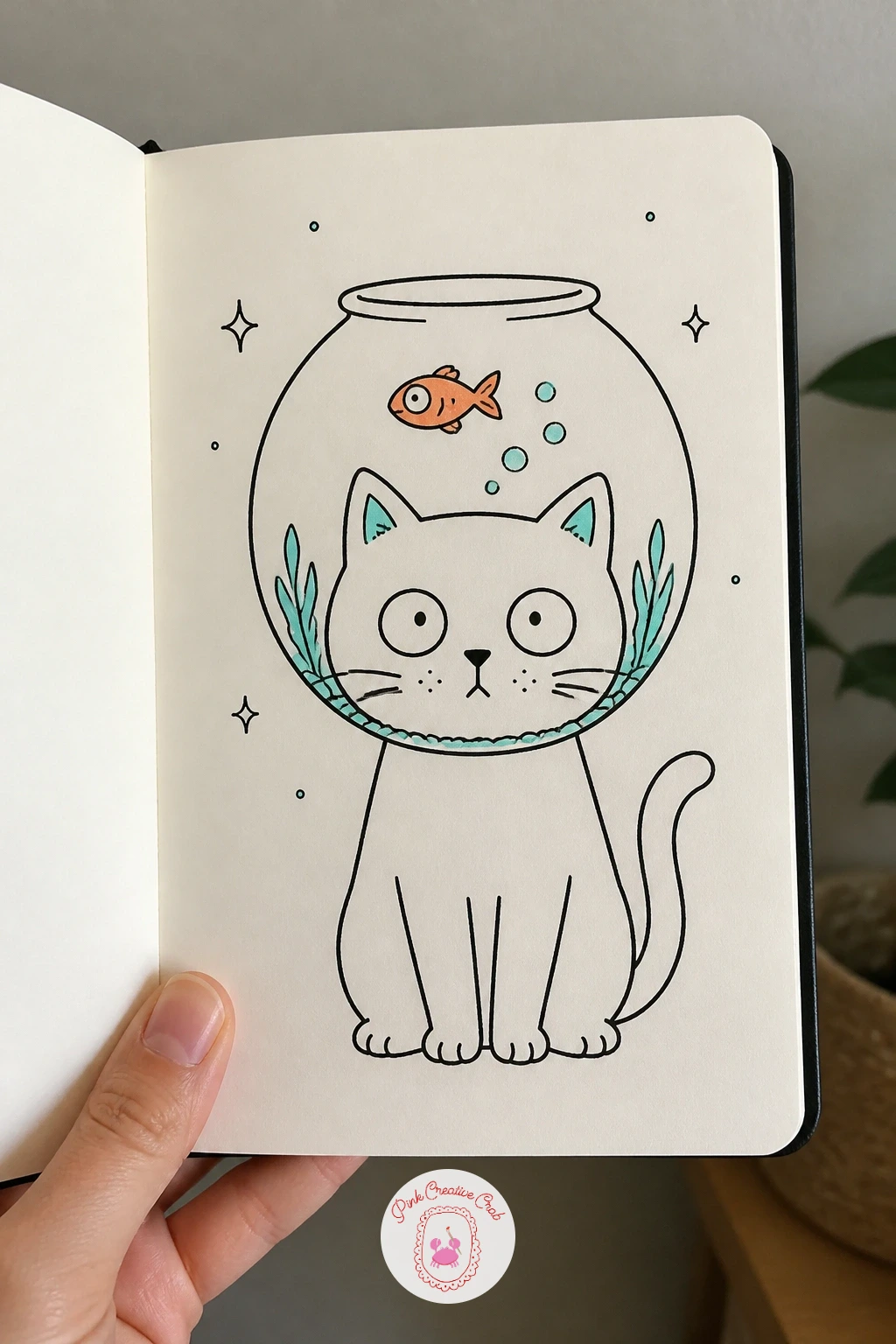 Fish Bowl On A Cat's Head — Close with a crossover character: a cat with a fish bowl stuck on its head, fish and all. Fish doodles
