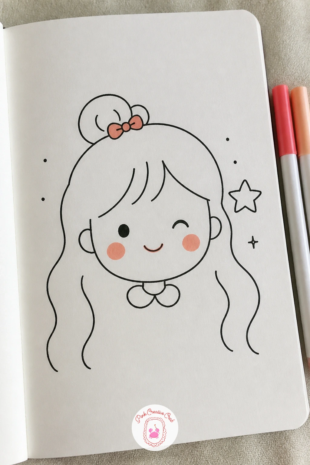 Girl Winking With A Star — Start with the easiest expression in the whole set: a round face, one eye closed in a wink, and a small star floating near the