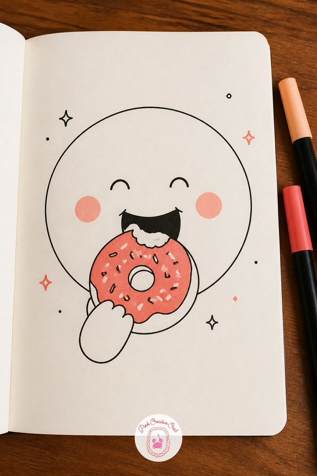 Face Eating A Donut — Move into food territory with a face mid-bite on a glazed donut, one of the easiest excuses to draw a wide open happy mouth. Face doodles