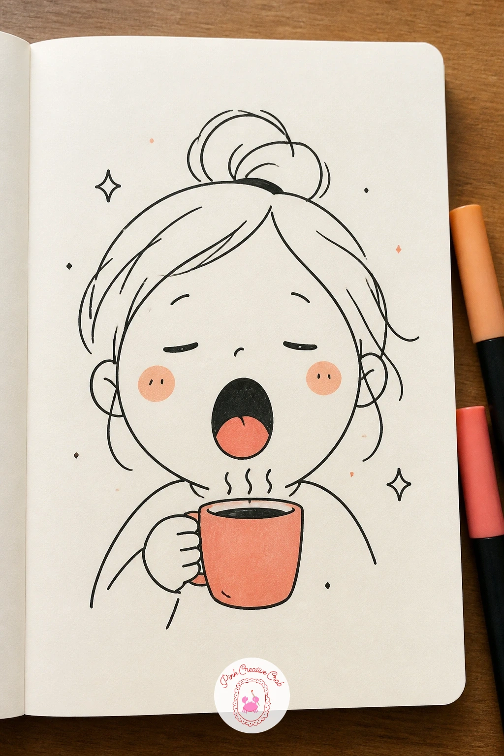 Face Yawning With Coffee — Capture that exact early morning moment with a wide yawning mouth and a steaming coffee cup held up close to the chin. Face doodles