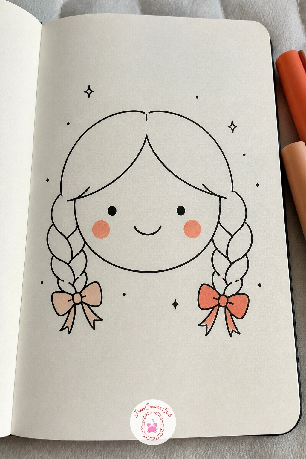 Face With Braids And Bows — Return to hairstyles with two neat braids finished off with small bows at the ends. Face doodles