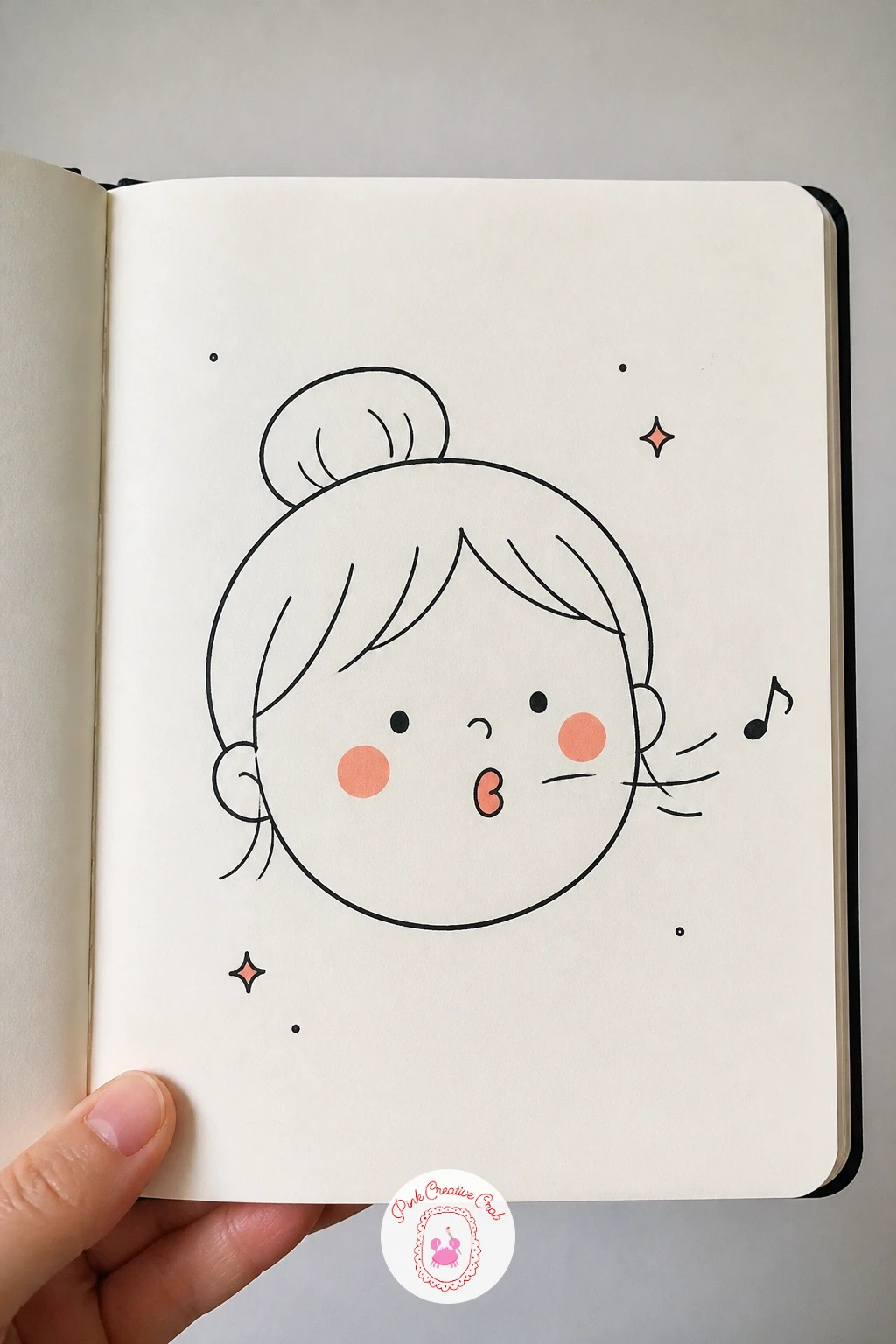 Face Whistling — Try a trickier mouth shape next: a face mid-whistle with lips pursed into a small tight circle and a few musical note marks drifting away.