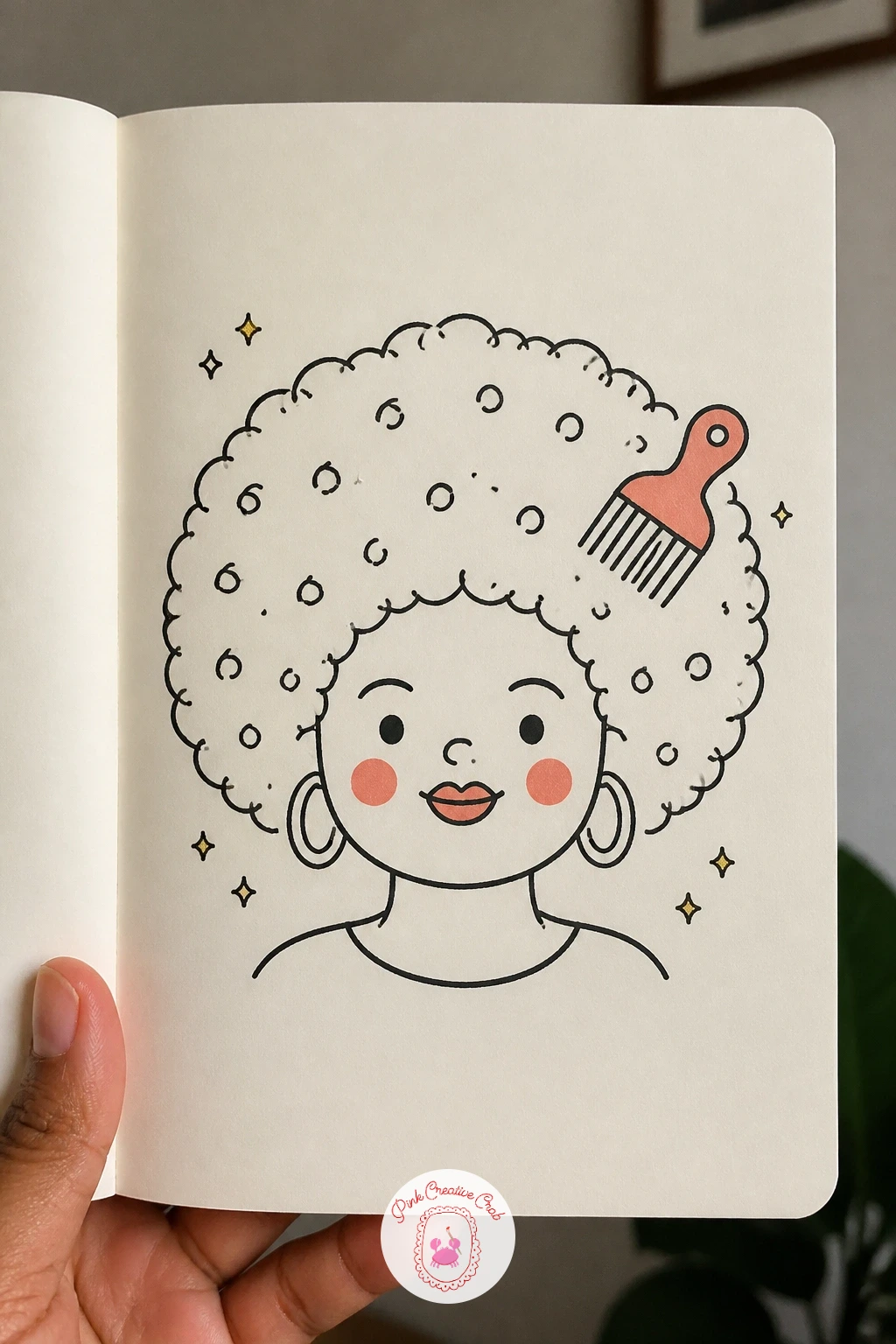 Face With A Big Afro And A Pick — Bring in another bold hairstyle: a large rounded afro with a small pick comb tucked into the side. Face doodles