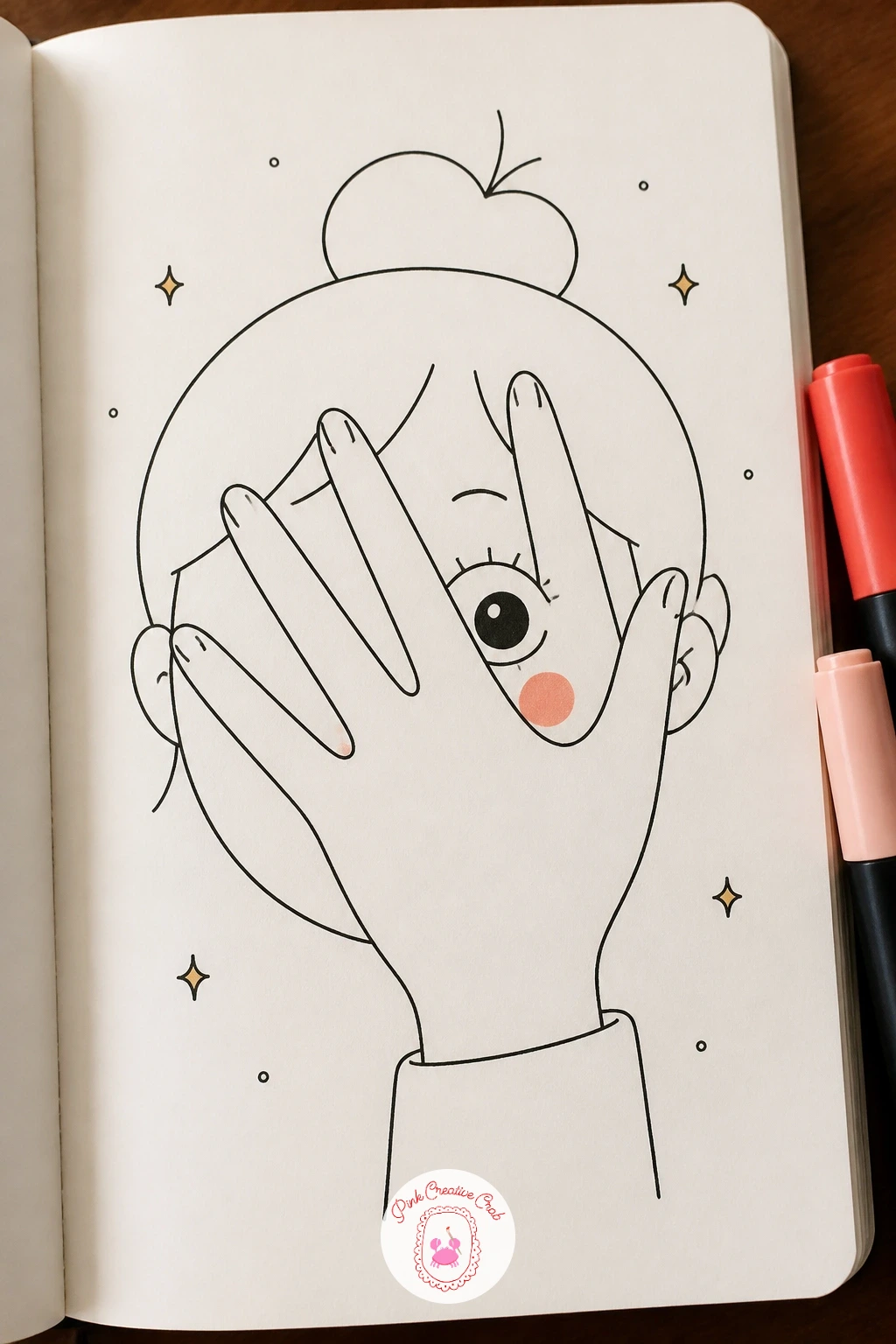 Face Peeking Through Fingers — Build a small moment of nervous curiosity next: a face half-hidden behind an open hand, peeking through a gap between two
