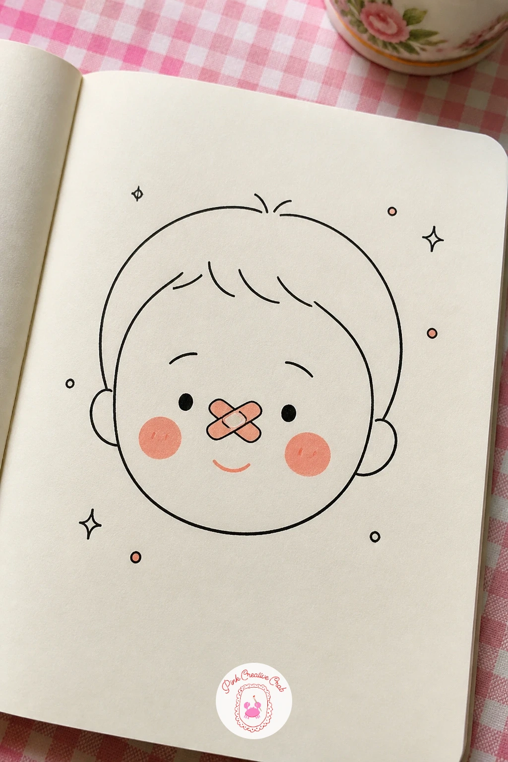 Face With A Bandage On The Nose — Draw a small clumsy character next: a face with a simple crossed bandage stuck over the bridge of the nose. Face doodles
