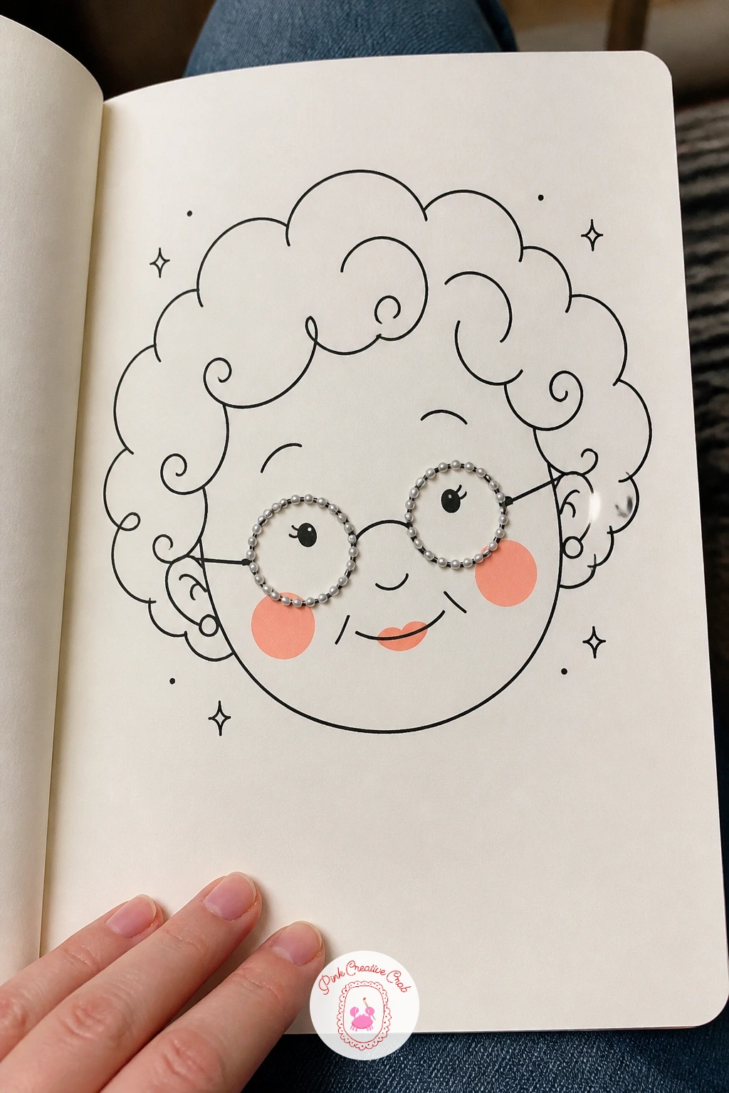Grandma Face With Pearl Glasses — Move into a gentle character portrait with a sweet grandma face wearing small round pearl-trimmed glasses and a soft curled