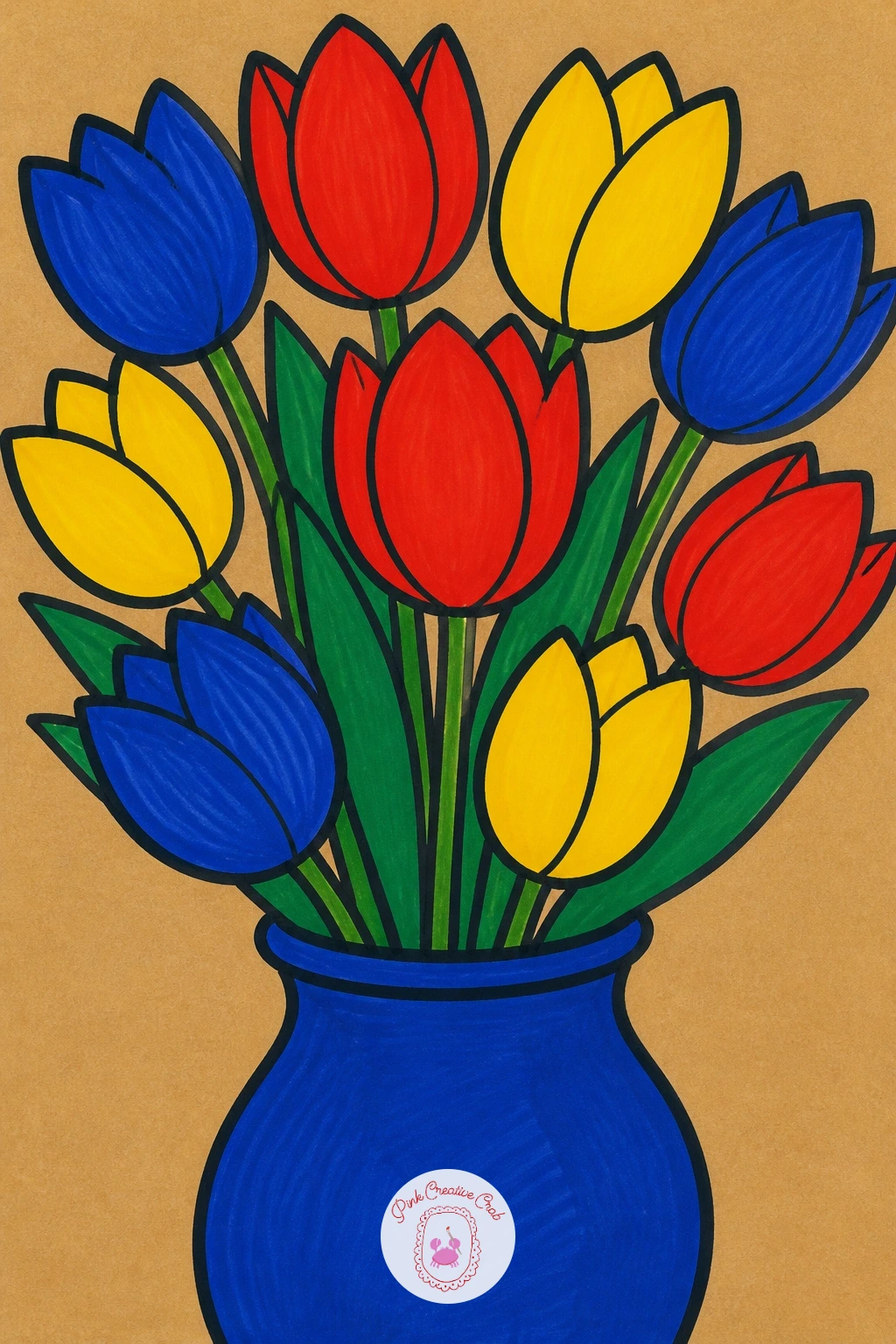 Vase of Flat Tulips — Start with a vase of tulips because flat petal shapes are the whole point of Posca work: no shading, just color meeting color. Posca art