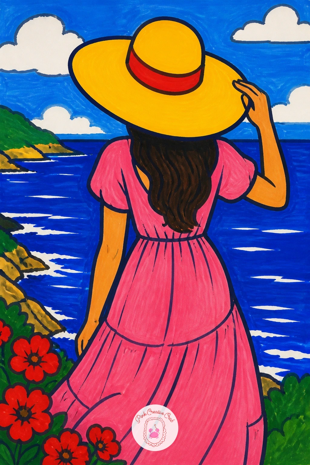 Girl in a Sun Hat by the Sea — Move from flowers to a figure with a girl in a sun hat standing at the edge of the sea, her back turned to the viewer so you