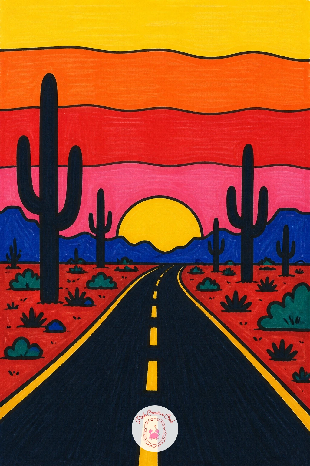 Sunset Over Desert Road — Trade the living room for open horizon with a sunset over a desert road, a landscape built entirely from flat horizontal bands. Posca