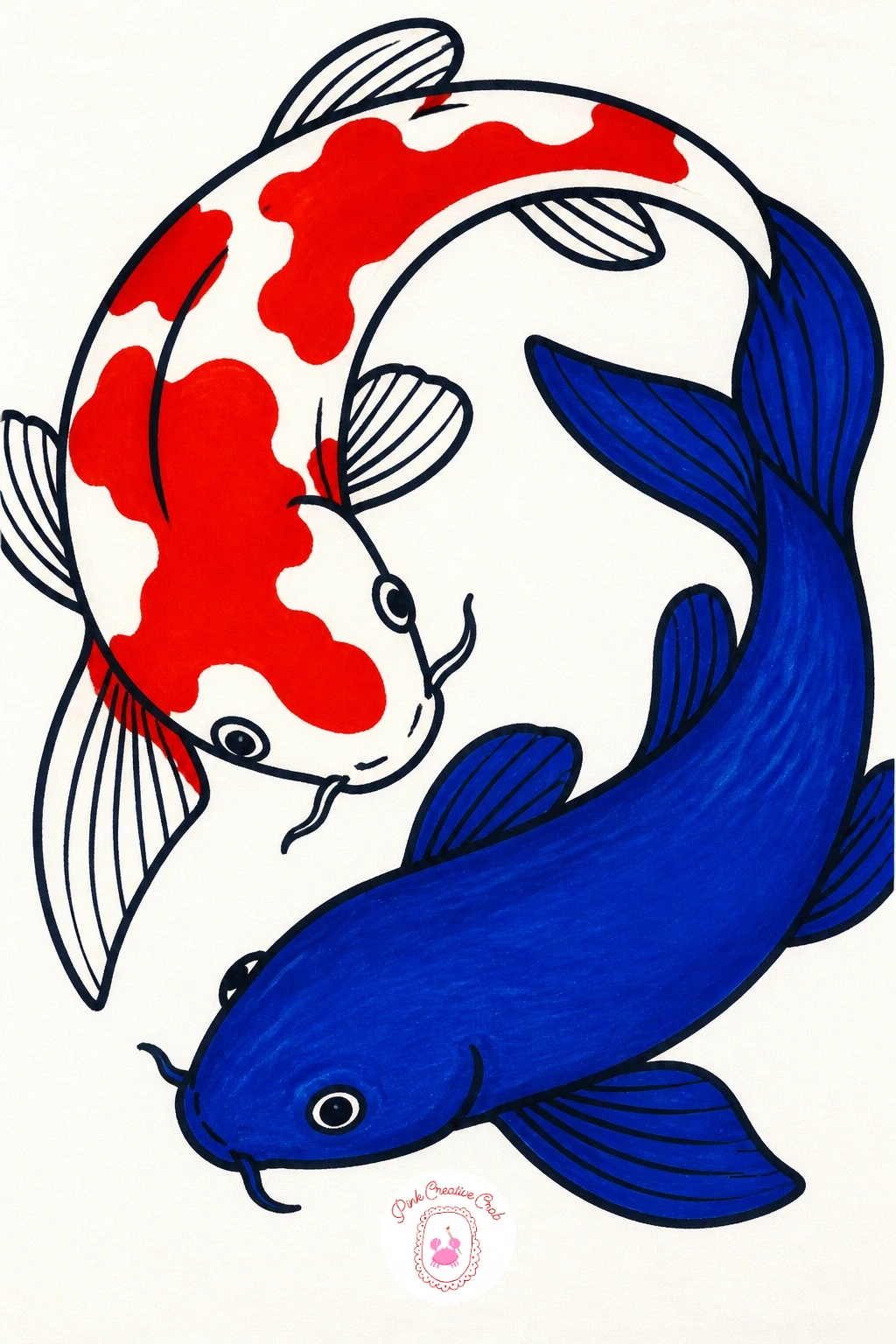 Koi Pair Circling — Let the mushrooms lead into water with a koi pair circling each other, their bodies forming a loose yin and yang curve across the page.