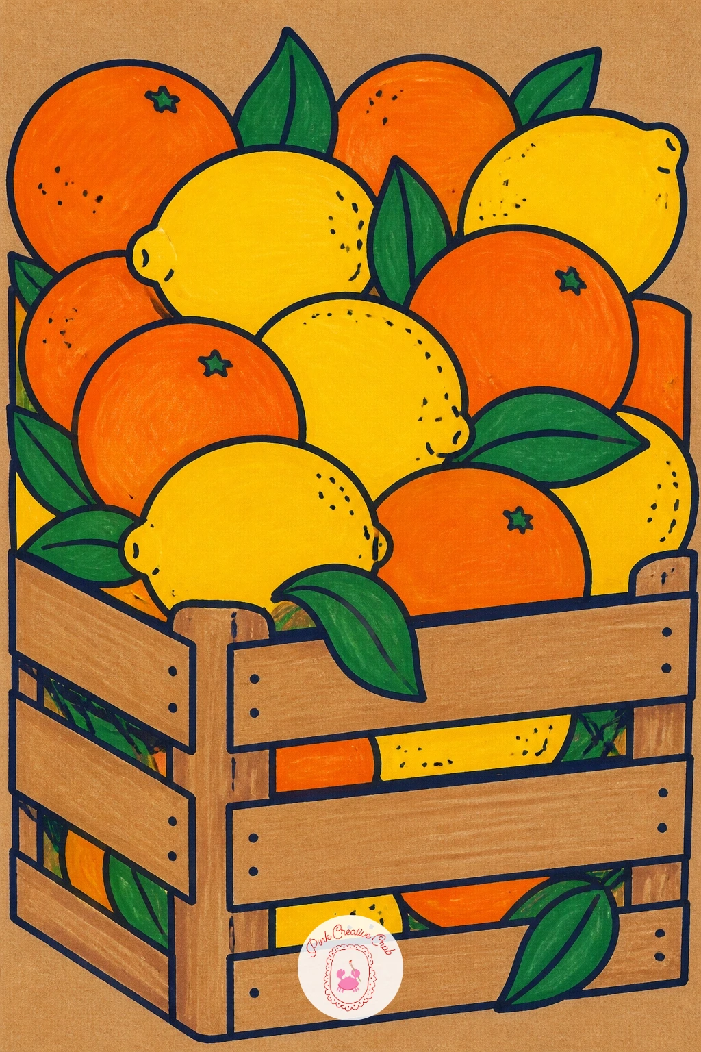 Fruit Market Crate — Widen the still life into a fruit market crate stacked with oranges, lemons and a few leaves poking out the sides. Posca art