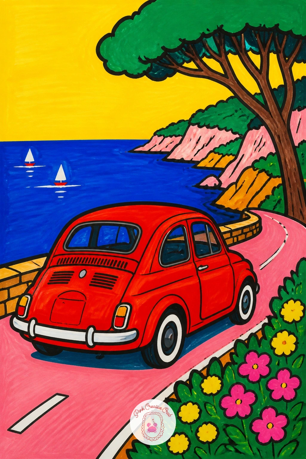 Vintage Car on Coastal Road — Shift gears into a vintage car cruising a coastal road, a subject that rewards simple blocky shapes over any attempt at realistic