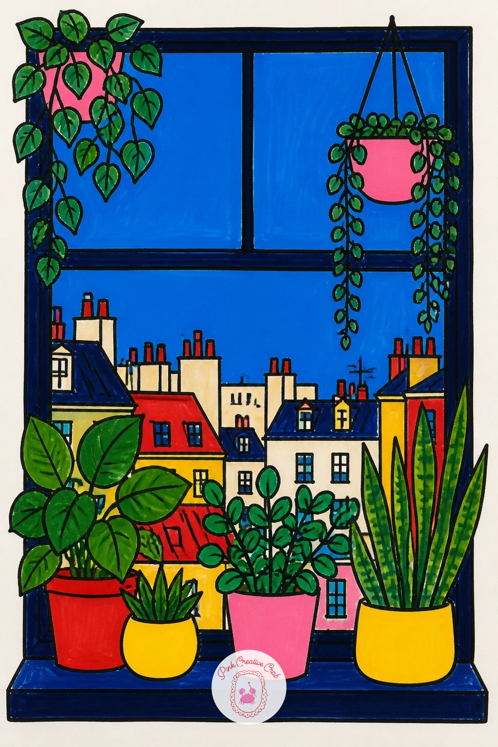 City Window With Plants — Step back indoors with a city window framed by potted plants on the sill, looking out over simple rooftop shapes beyond the glass.