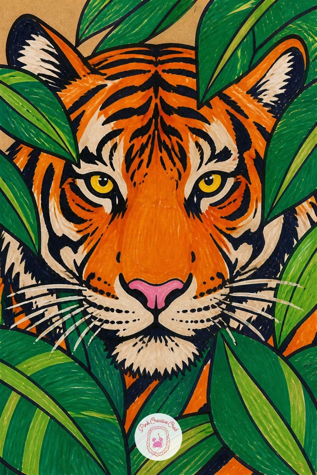 Tiger in Leaves — Bring in something wilder with a tiger resting among leaves, its stripes giving you a chance to practice bold pattern on a curved form. Posca