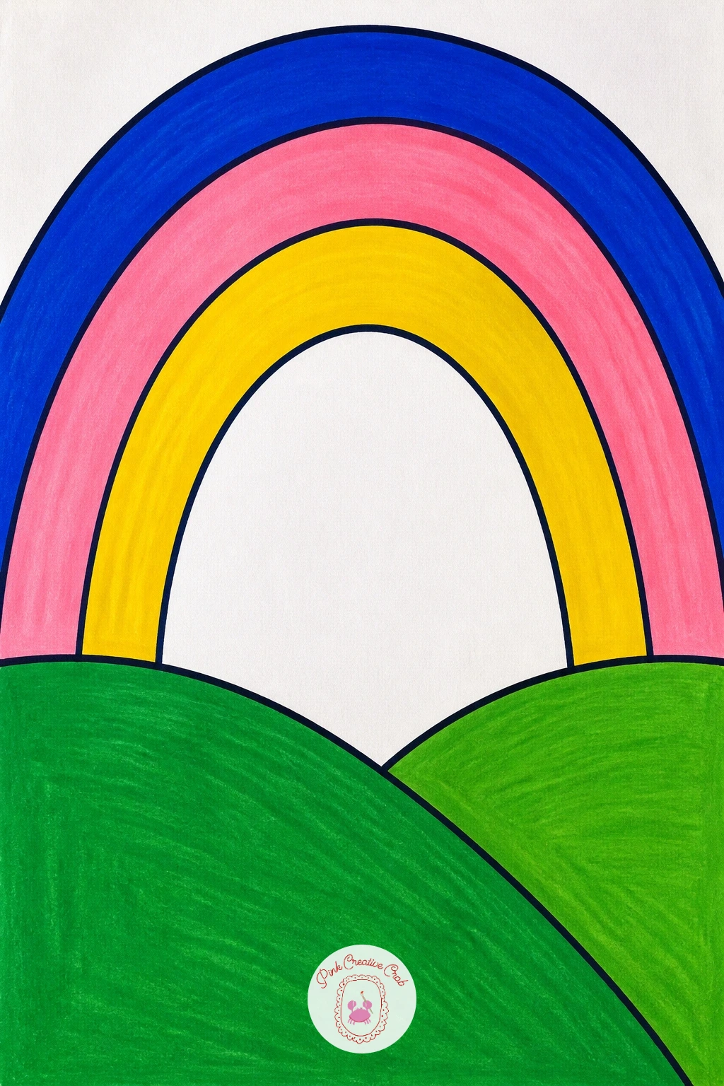 Rainbow Over Hills — Soften the mood with a rainbow arcing over rolling hills, a subject built from stacked curved bands and two simple hill shapes below.