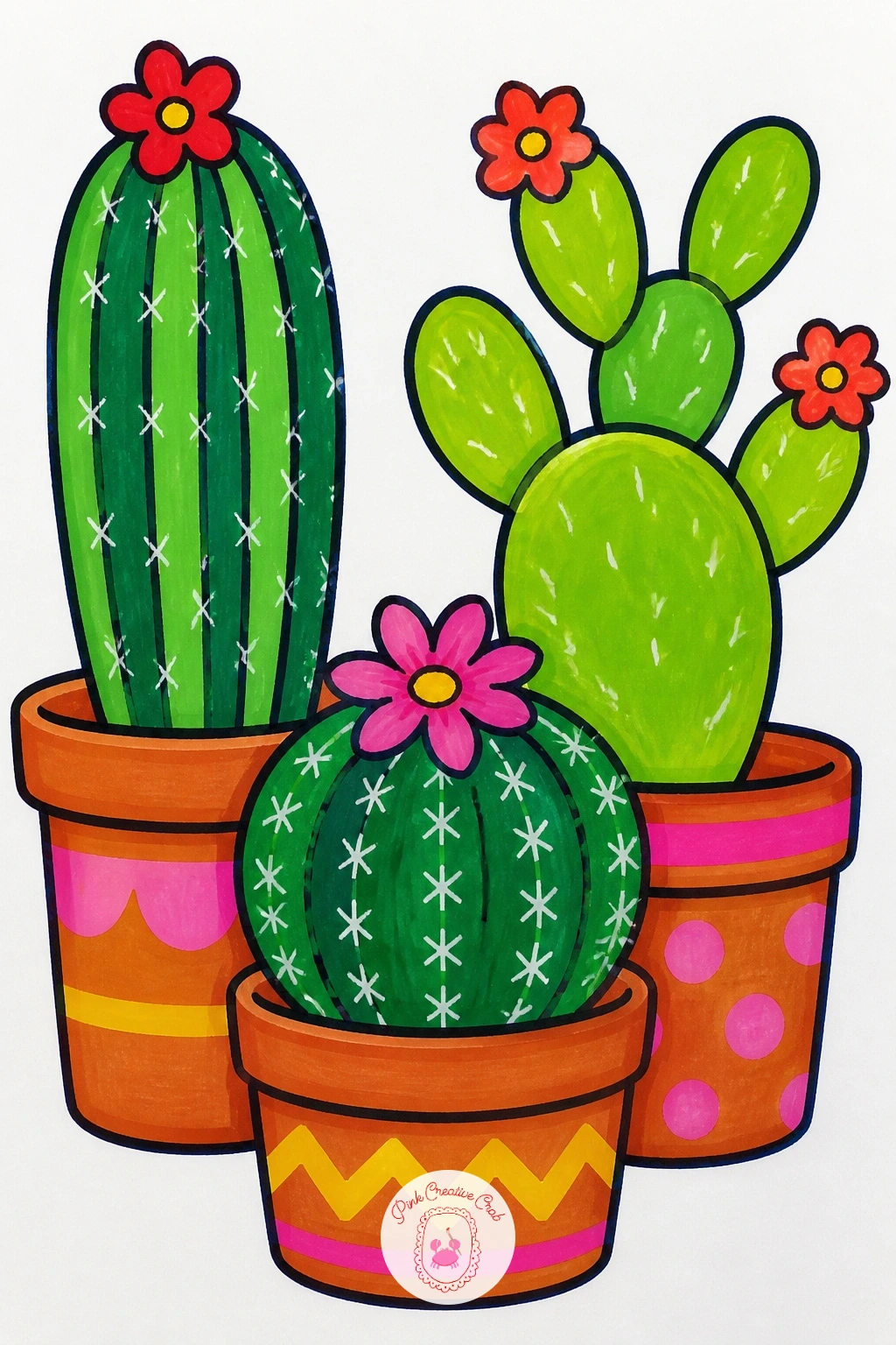 Cactus Garden — Keep the houseplant mood going with a small cactus garden, three or four potted cacti of different shapes grouped together across the page.