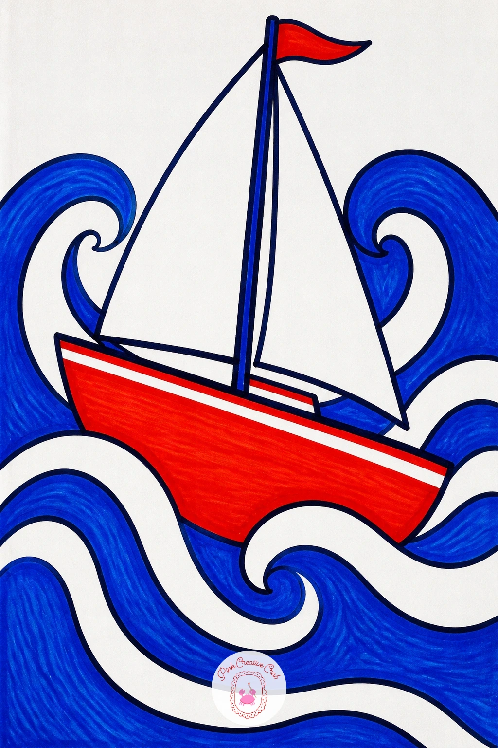 Sailboat on Bold Waves — Get back out onto the water with a sailboat riding a set of bold graphic waves, a scene built from triangles and simple curved bands.
