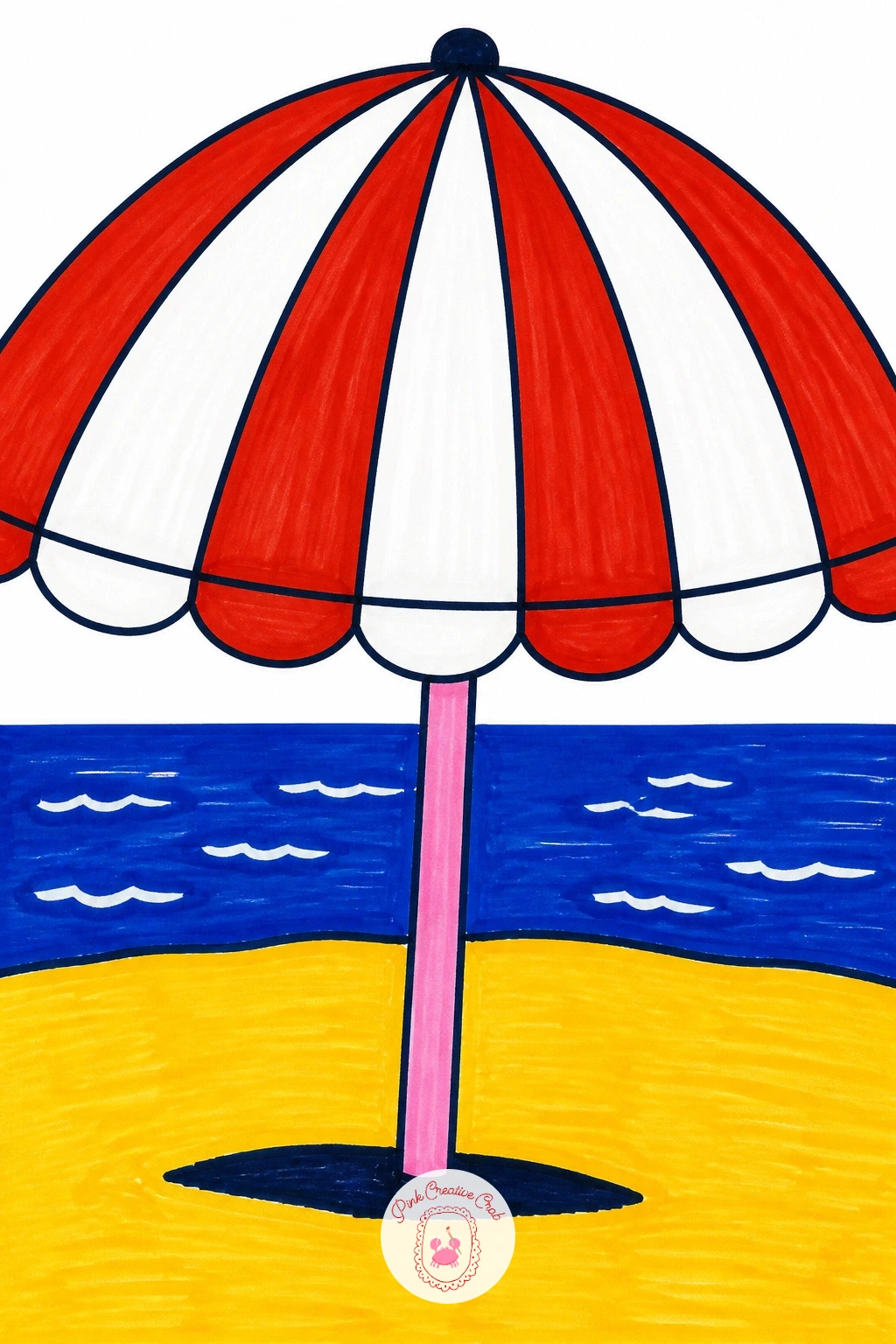 Beach Umbrella Scene — Stay on the coast for a beach umbrella scene, a striped canopy over a simple strip of sand and sea behind it. Posca art