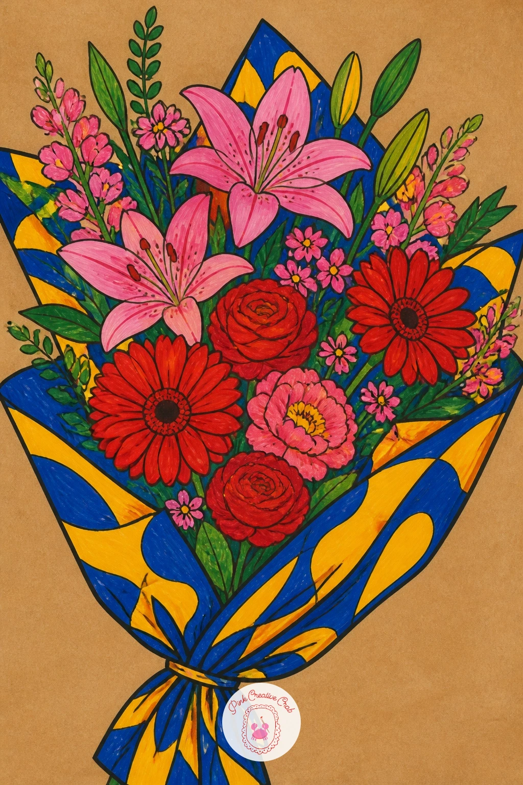 Bouquet in Wrapping Paper — Return to flowers with a bouquet wrapped in patterned paper, cradled in a cone shape that takes up the bottom third of the page.