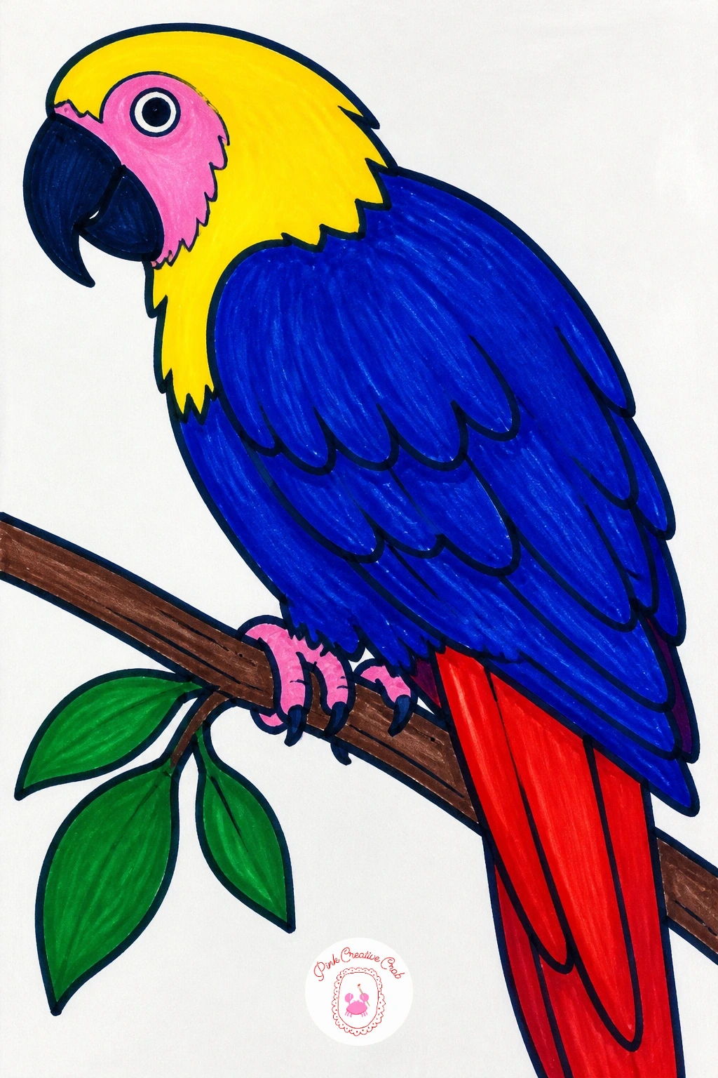 Parrot on a Branch — Bring in some tropical color with a parrot perched on a branch, its body built from a few large overlapping feather shapes rather than