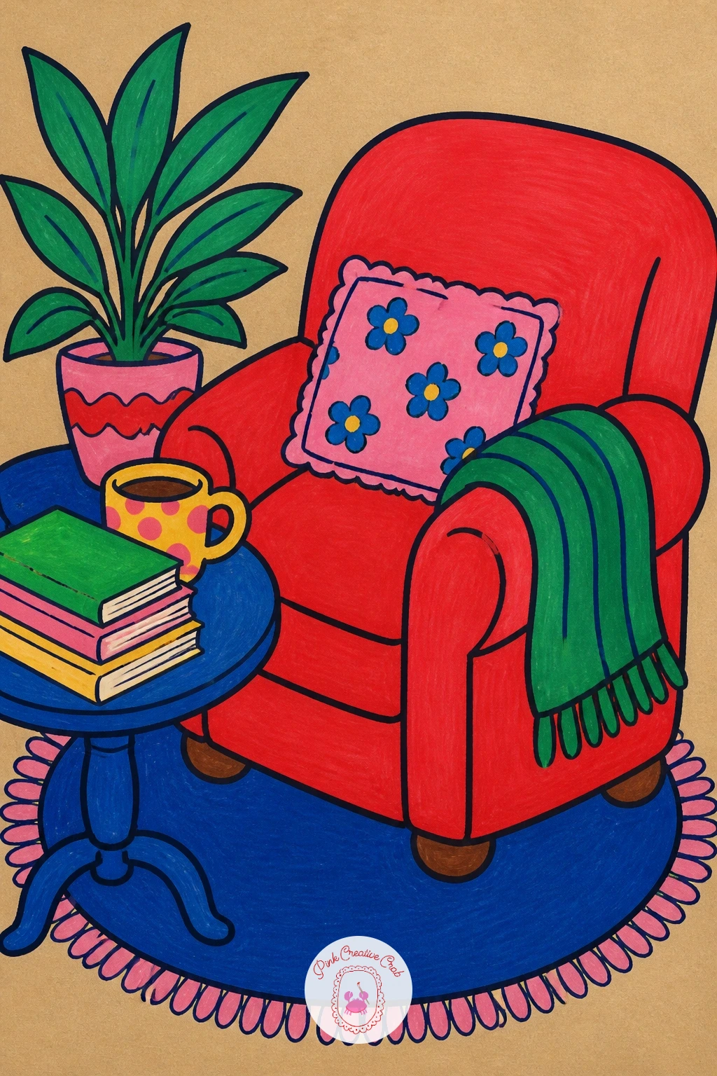 Cozy Armchair Corner — Bring the mood indoors again with a cozy armchair corner, a chunky chair shape paired with a small side table and a reading lamp. Posca