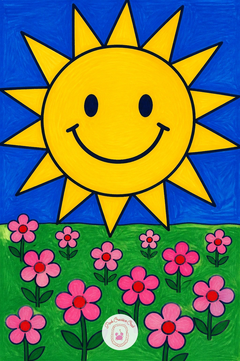 Smiling Sun Over a Field — Keep things playful with a smiling sun over a field, a cheerful character shape paired with a simple landscape below it. Posca art