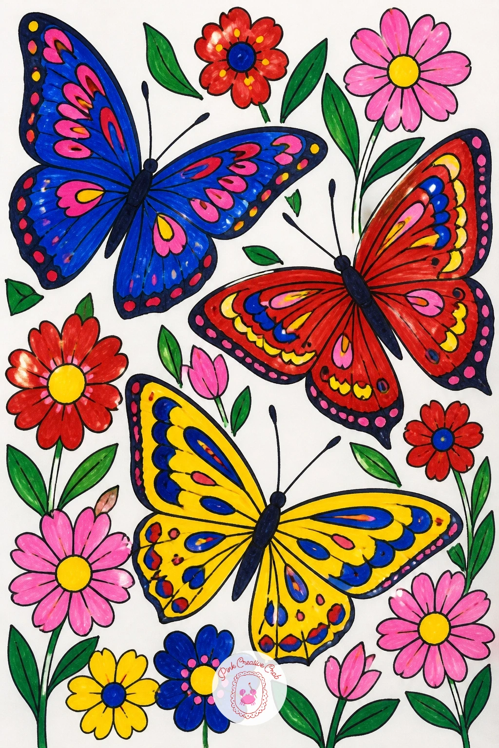 Butterfly Garden — Close the garden theme with a small butterfly garden, two or three butterflies of different wing shapes hovering above a low scatter of