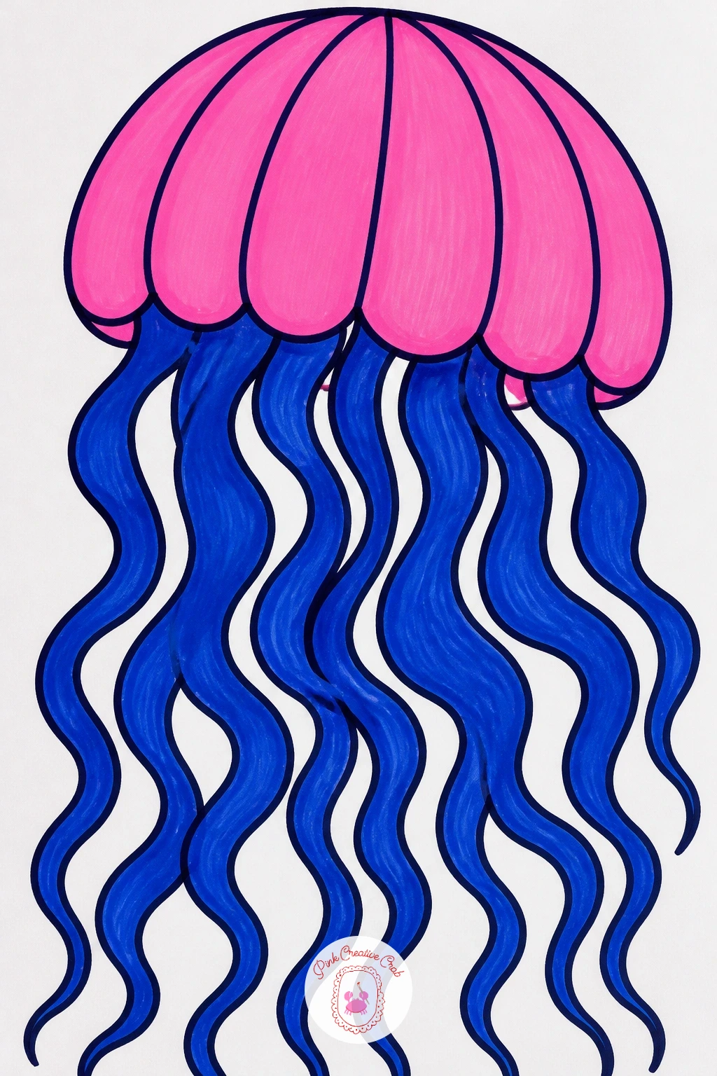 Jellyfish in Bold Lines — End back in the water with a jellyfish in bold lines, a loose dome topped shape with long trailing tentacles that fill the lower half