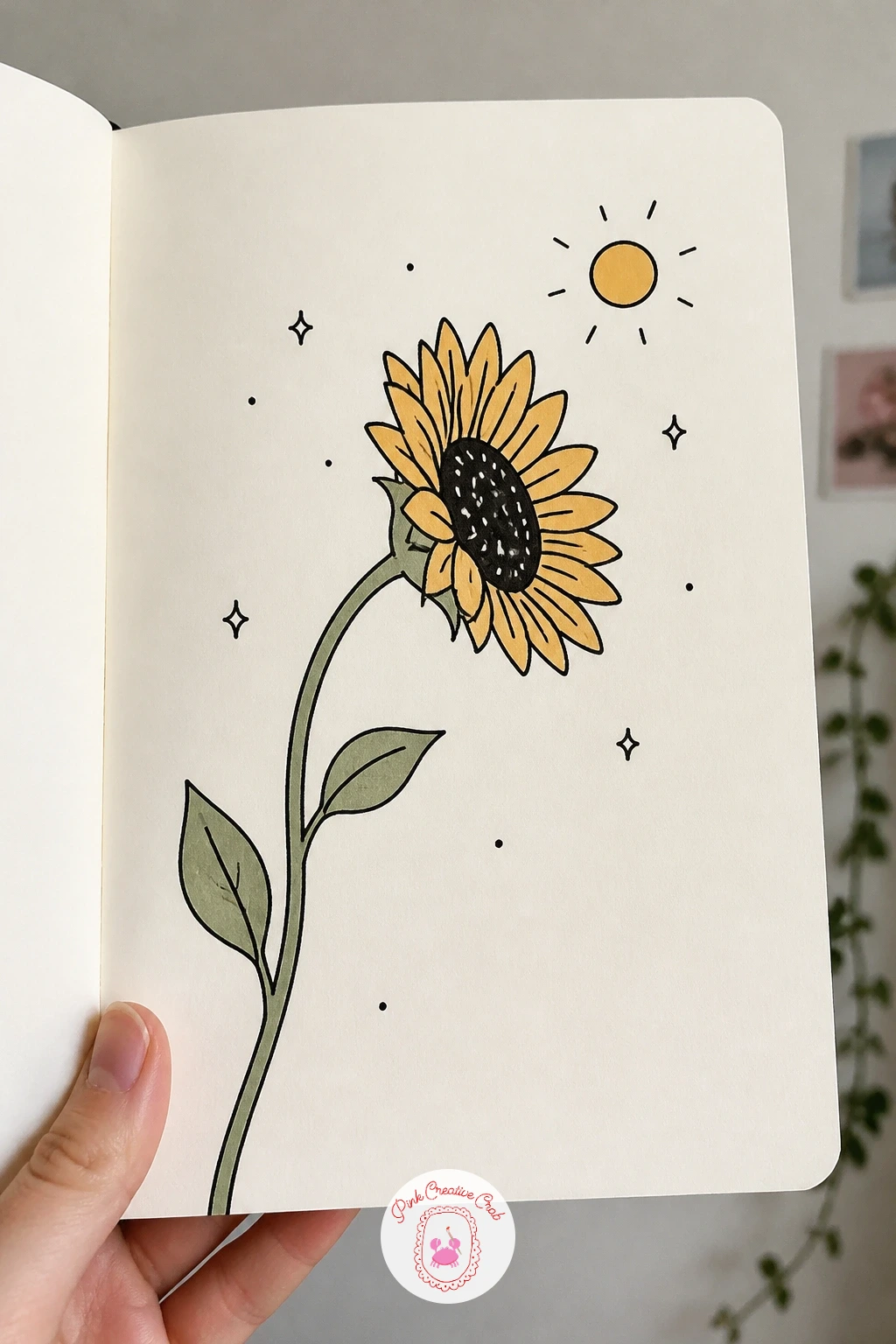 Sunflower Turning To The Sun — Give the next flower somewhere to look: a sunflower tilted toward a small sun in the corner of the page, which turns a static