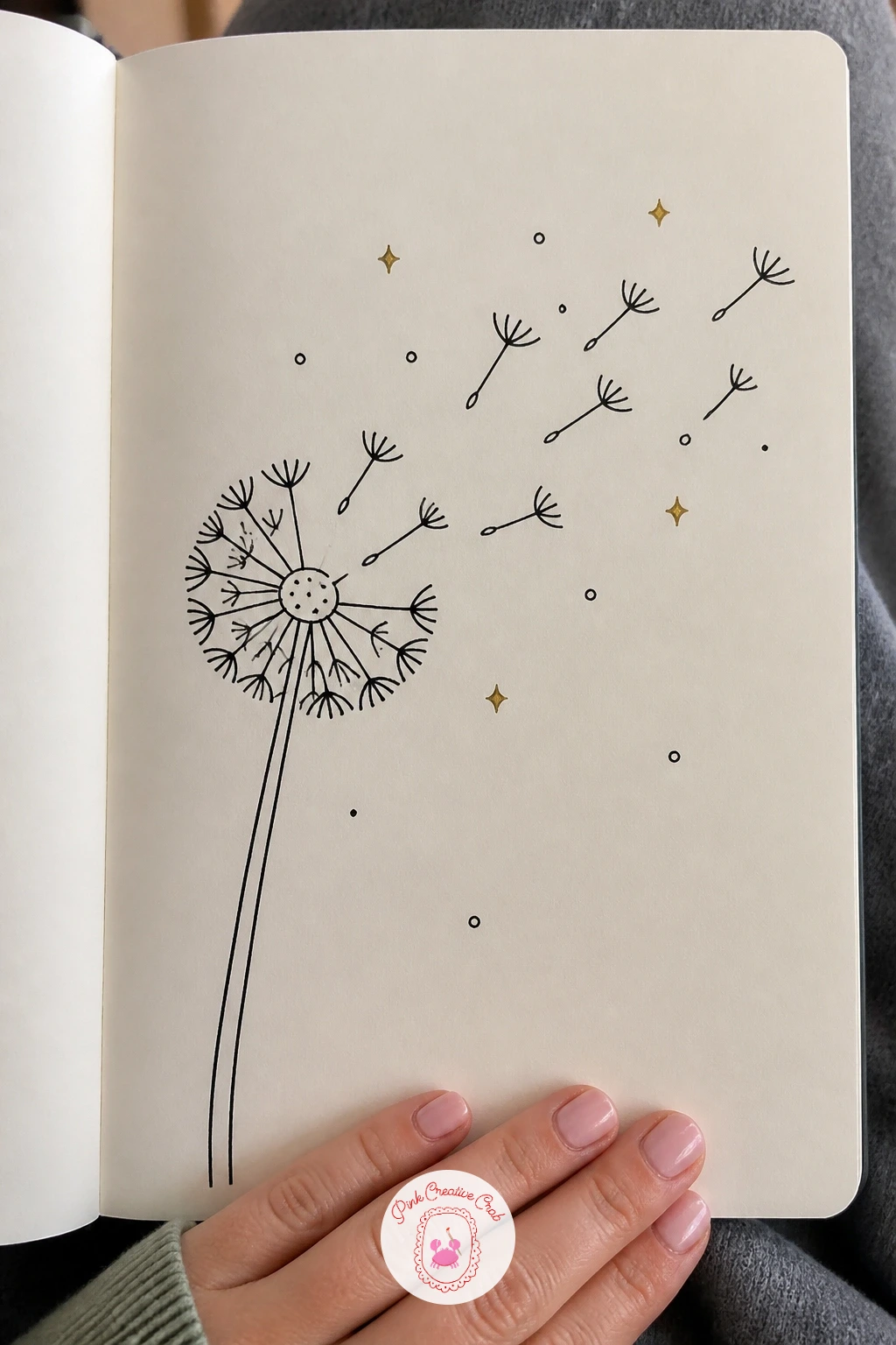 Dandelion Blowing Seeds — Return to a single flower but let it come apart: a dandelion mid blow, its round seed head scattering into the air. Flower doodles