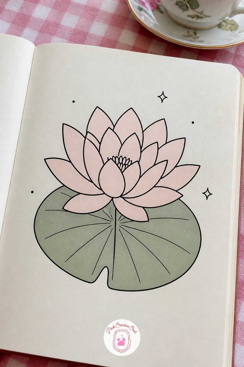 Lotus On A Lily Pad — Settle into stillness with a lotus flower resting on its own round lily pad, a composition built from just two simple shapes layered