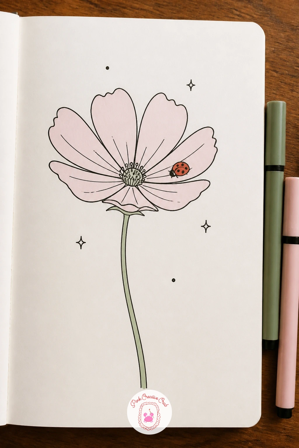 Cosmos With A Ladybird — After a formal buttonhole flower, loosen back up with a cosmos flower in a garden setting, visited by a tiny ladybird. Flower doodles