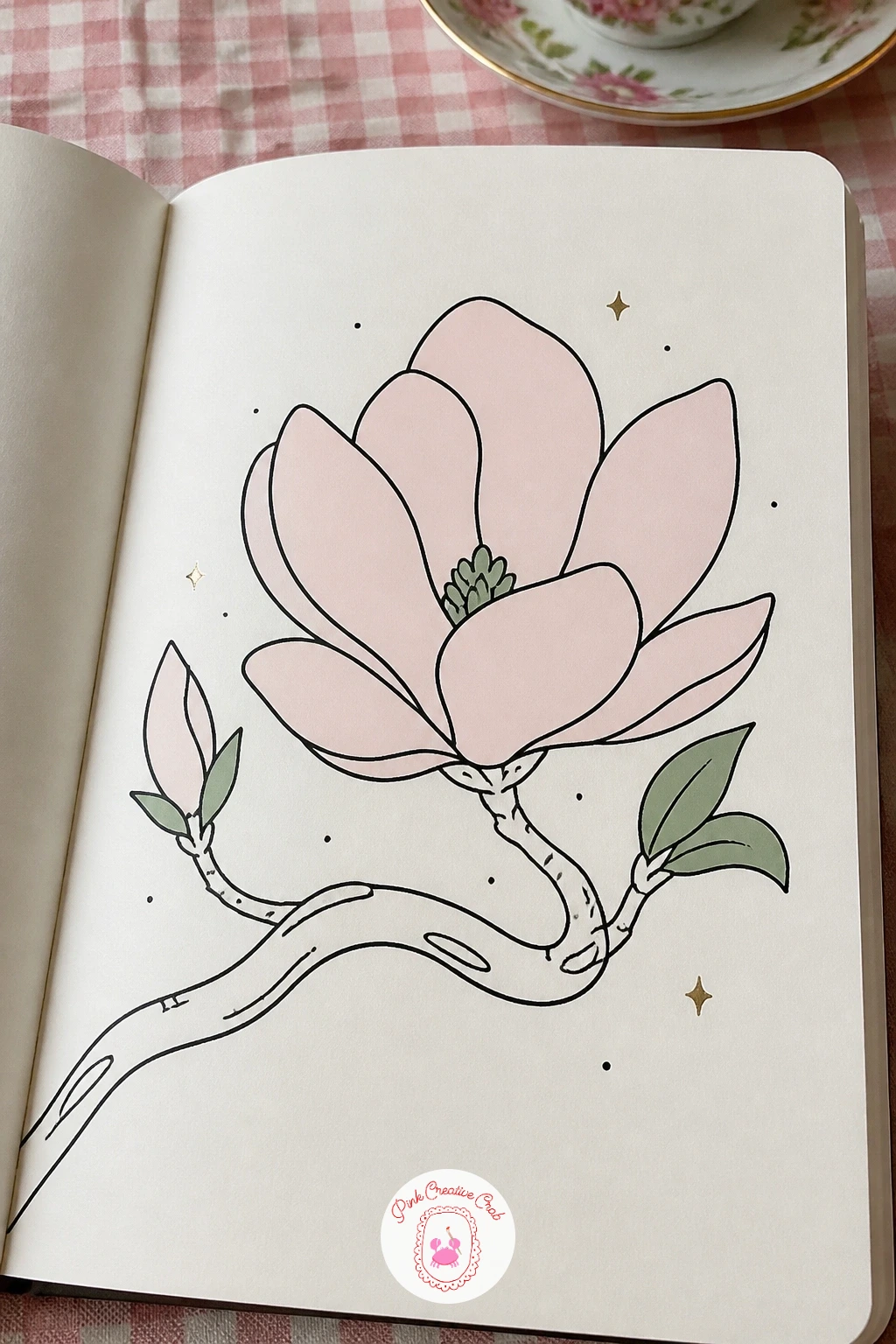 Magnolia Branch — Scale back up to a larger, more sculptural bloom: a single magnolia flower on its branch, built from thick rounded petals rather than the