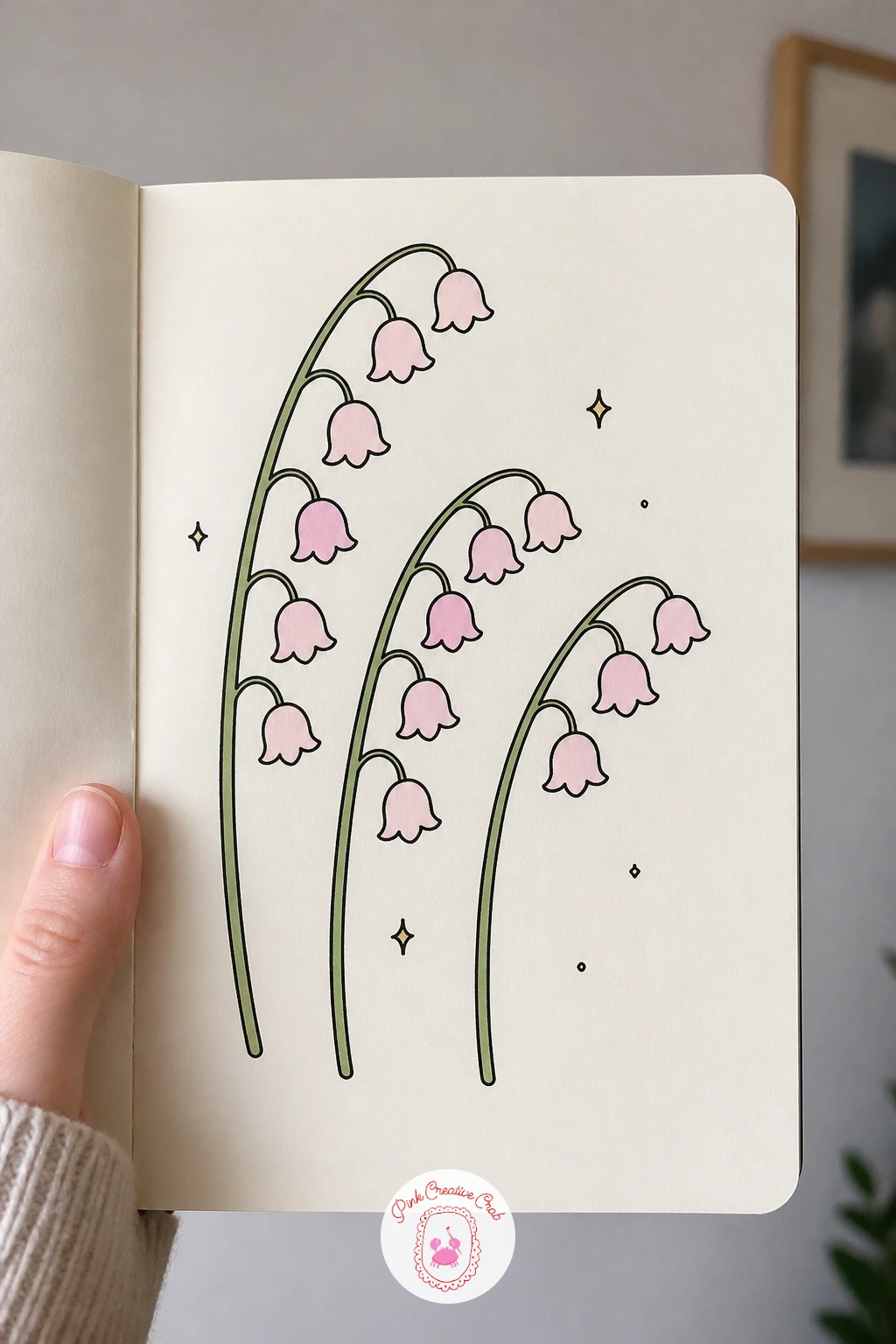 Bluebell Trio — Return to small scale with three bluebells grouped together, each one a drooping cluster of tiny bell shaped flowers hanging from a single