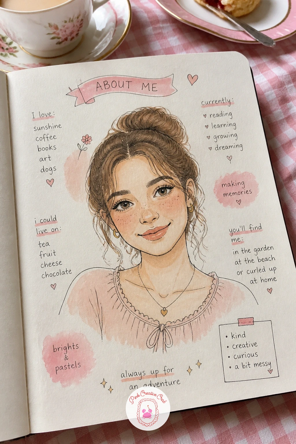 About Me Self Portrait — Start with an about me page, the kind that opens a sketchbook the way a introduction opens a letter to yourself. First page of
