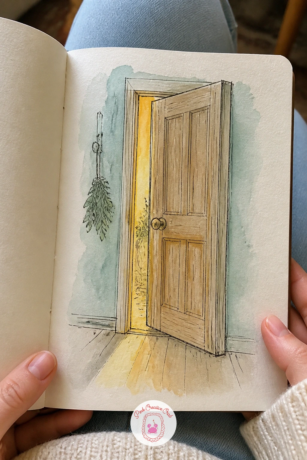 Welcome Page With a Door Opening — A welcome page with a door opening makes a lovely greeting for a sketchbook, as if the book itself is inviting you in. First