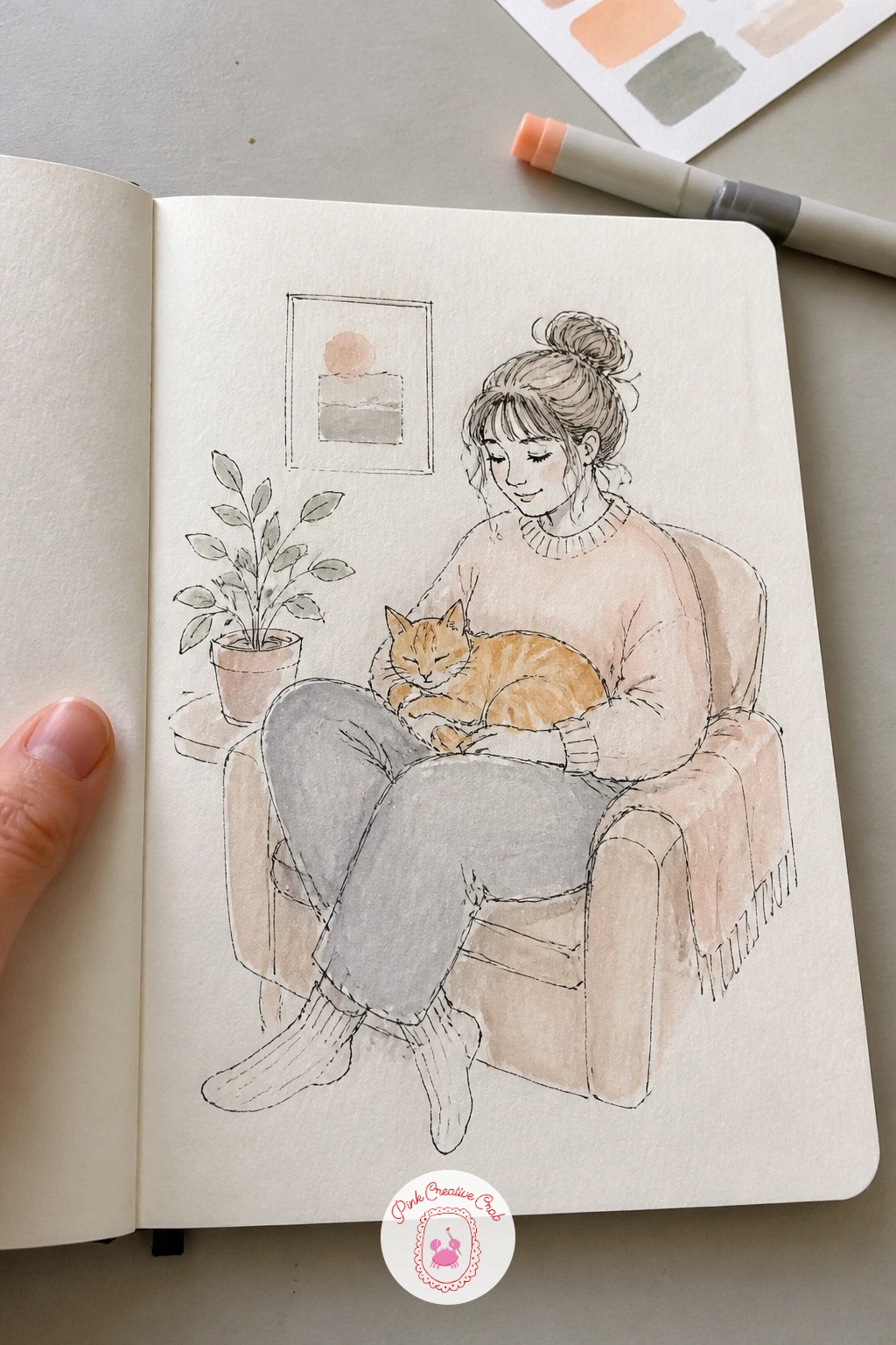 Self Portrait With a Cat — If you share your home with a cat, a self portrait with a cat makes a warmer opening page than a solo portrait alone. First page of