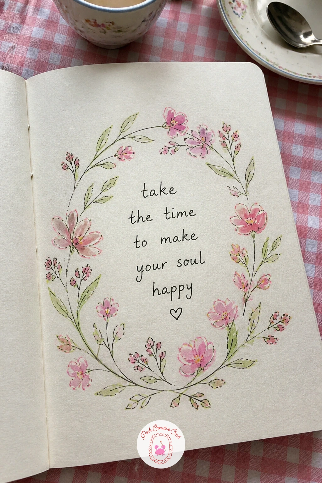 Quote Page With Flowers — A quote page with flowers gives the sketchbook a line to return to on harder days. First page of sketchbook ideas