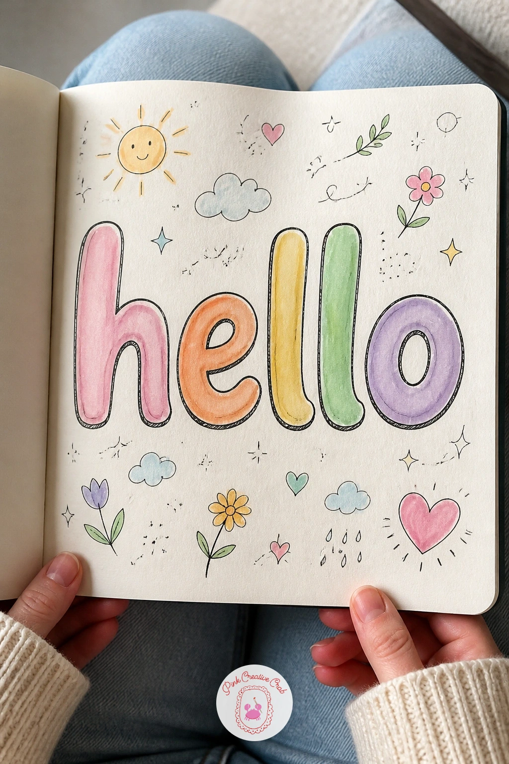Hello Page With a Big Drawn Word — A hello page with a big drawn word makes a confident, simple opener when you want something fast. First page of sketchbook