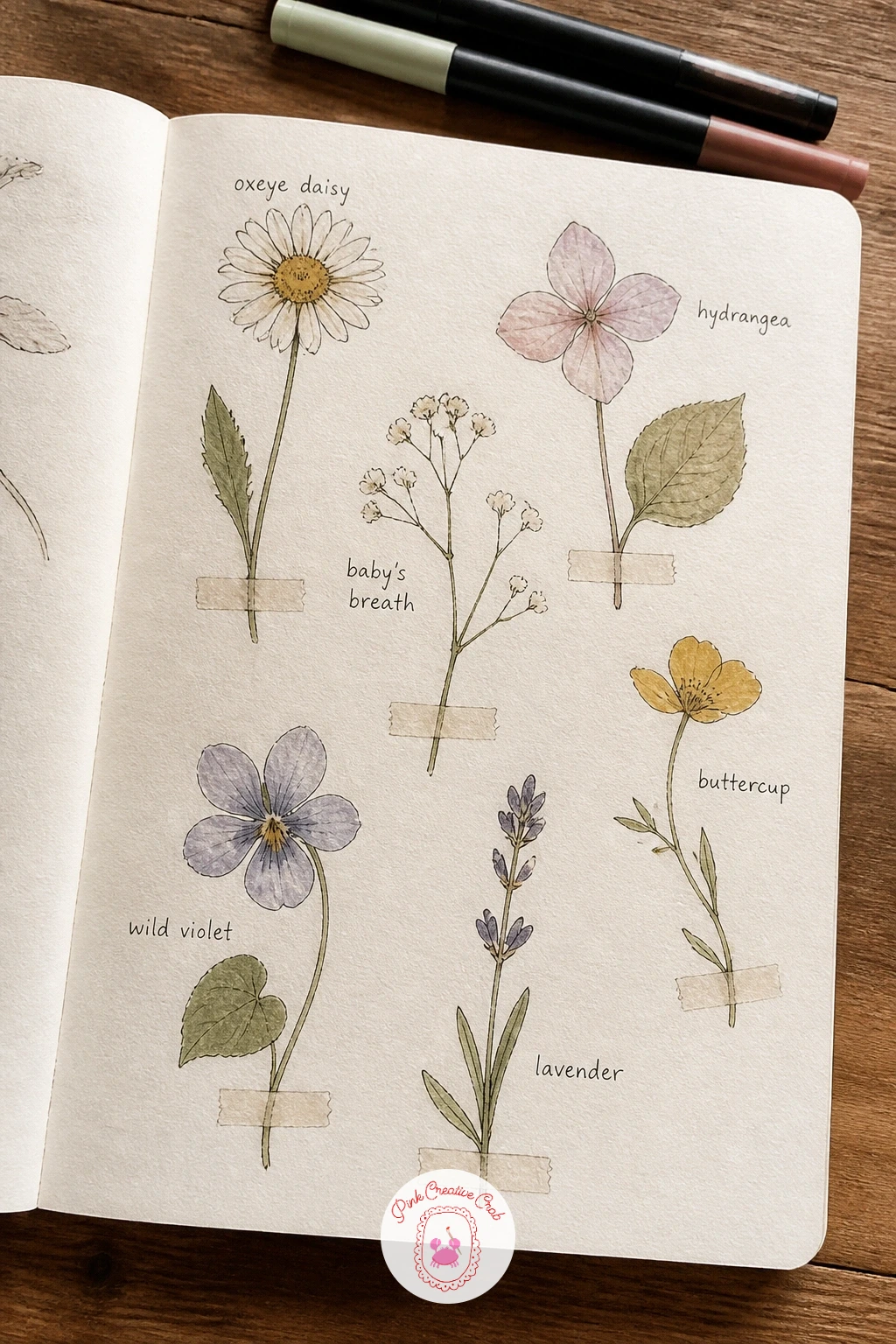 Pressed Flowers Page — Draw a page with pressed flowers if you want something quieter and more botanical as your opener. First page of sketchbook ideas