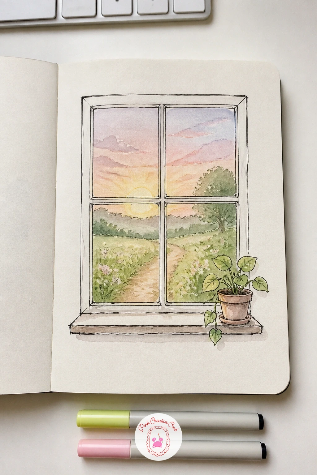 Window Looking Into the Book — Draw a page with a window looking into the book as a quiet visual metaphor for beginning. First page of sketchbook ideas