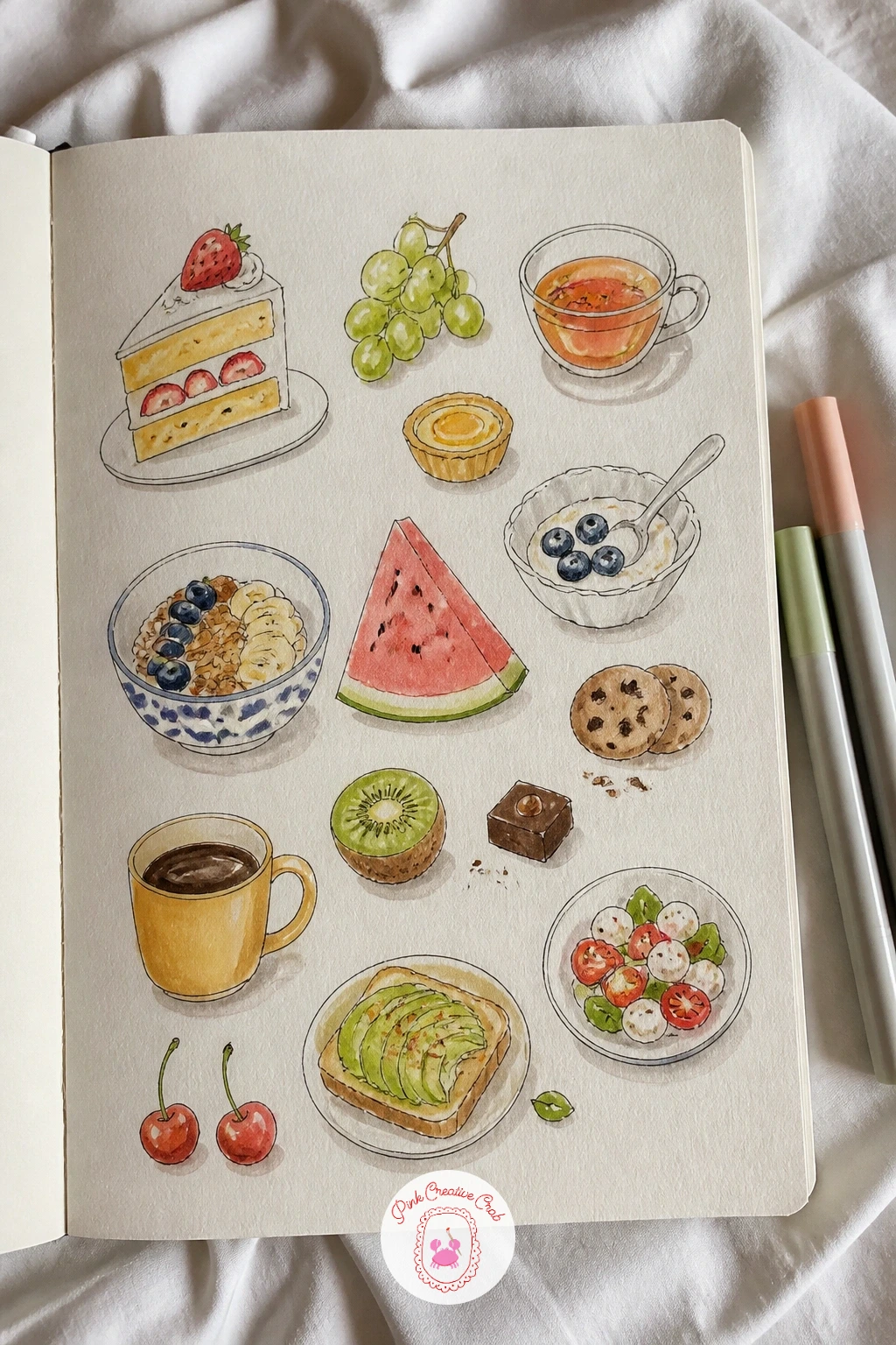 Page of Favorite Foods — A page of favorite foods makes an easy, appetizing follow up once the window page is done. First page of sketchbook ideas
