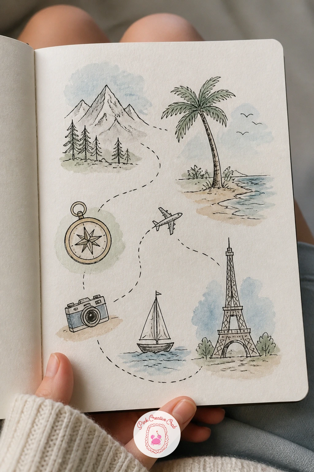 Page of Travel Dreams — Fill a page of travel dreams next, a small collage of places you would love to visit someday. First page of sketchbook ideas