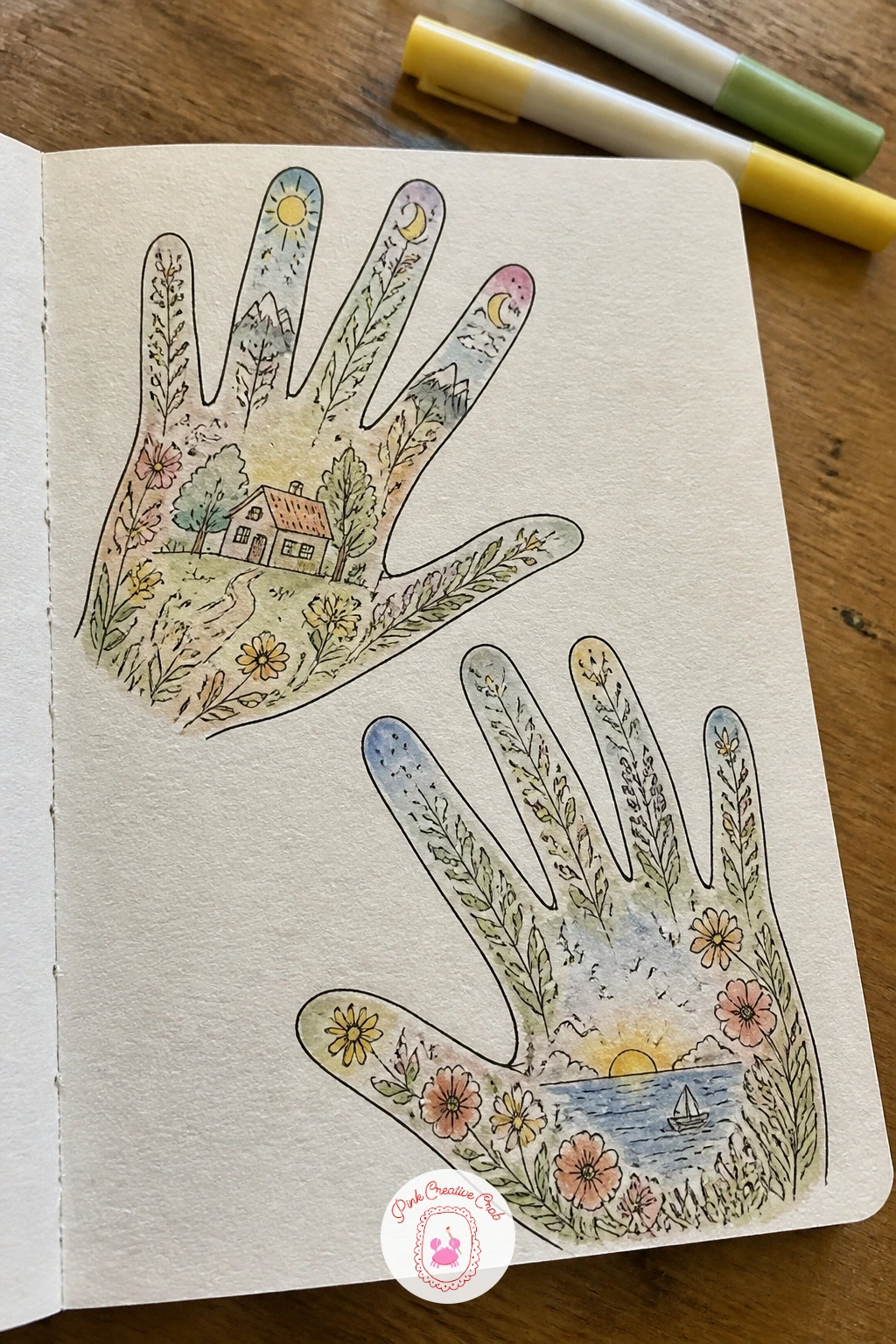 Page With Handprints — Trace a page with handprints for something playful and personal that takes almost no drawing skill at all. First page of sketchbook ideas