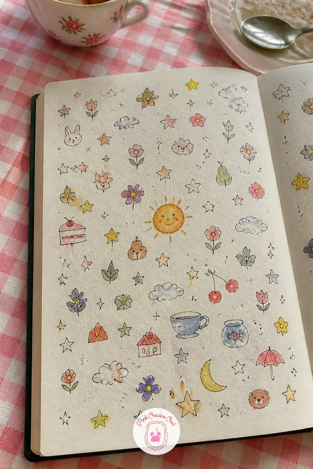 Page of Mini Doodles — Scatter a page of mini doodles across the paper for a loose, cheerful filler page that needs no plan at all. First page of sketchbook